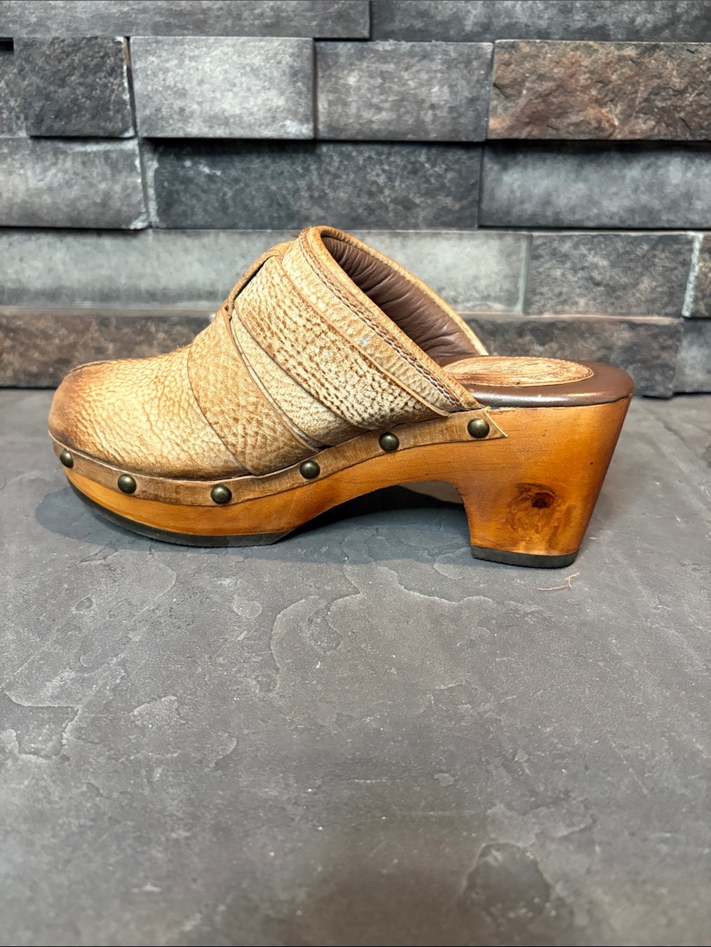 Ariat Tan Distressed Leather Buckle Clog Mules with Wood Sole - Picture 9 of 11